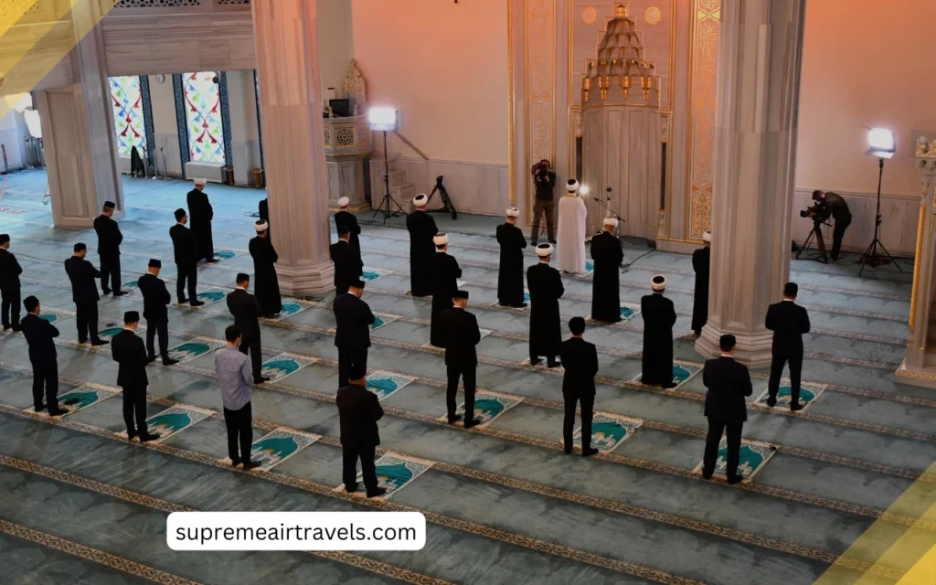 Image of people gathering for Jummah prayer: "Muslims gathering for Jummah prayer"