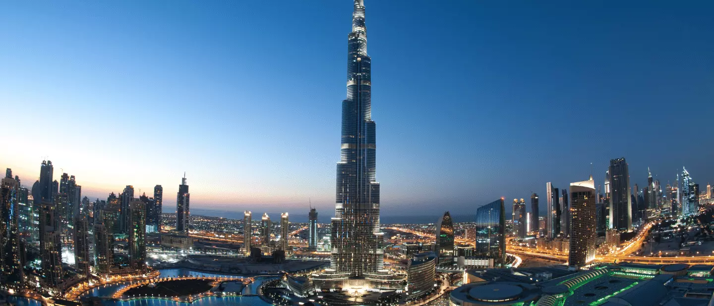 Spectacular Dubai Skyline featuring Burj Khalifa and City Lights - Your Gateway to Dubai Exploration with Supreme Air Travels Dubai Visa Services